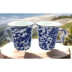 2 Blue White Enamelware Mugs 16 oz Marble Splatterware Coffee Cups Vintage Style